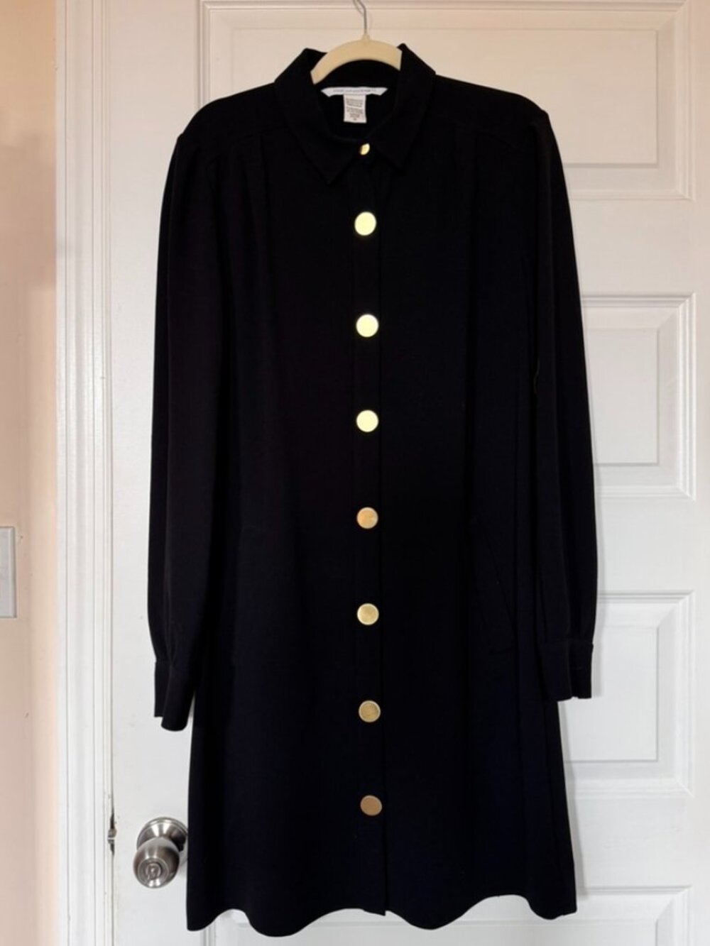 Diane von Furstenberg DVF Black Tunic Dress Gold Button Front Sz 14 Long Sleeve